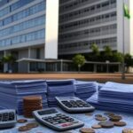 Edifício do Ministério da Economia em Brasília com elementos simbólicos de déficits financeiros em estatais federais.