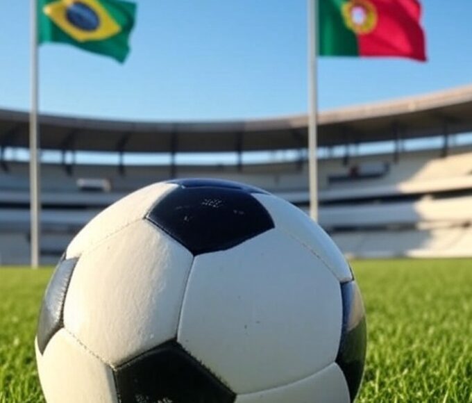 Bola de futebol em estádio brasileiro com bandeiras do Brasil e Portugal, simbolizando Daniel Alves como coproprietário de clube da terceira divisão portuguesa.