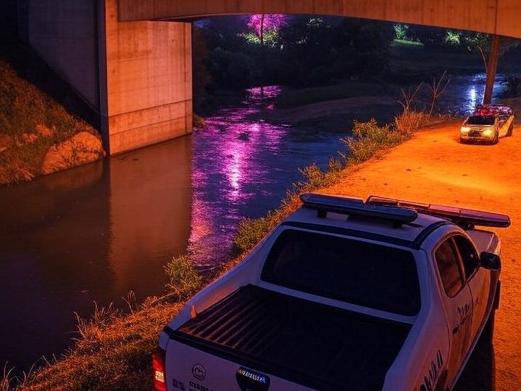 Ponte em Barro Alto com viatura policial à noite durante Réveillon, fogos no céu.