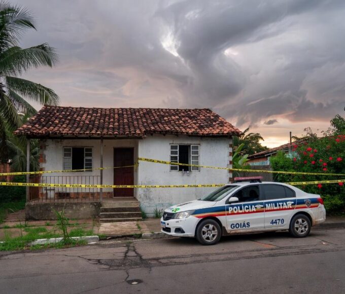 Casa em Jataí isolada por fita policial e viatura da PM, representando cena de crime após separação violenta.
