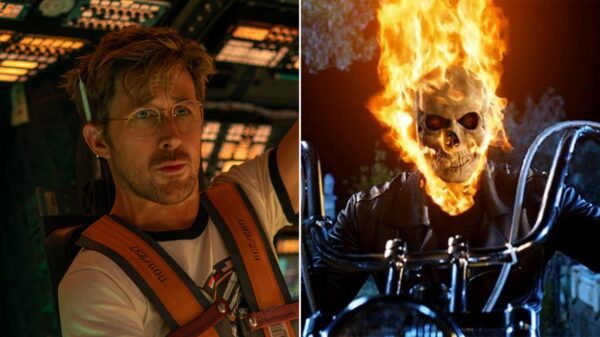 Ryan Gosling em cena de 'Devoradores de estrelas' e cena de 'Motoqueiro Fantasma' — Foto: Divulgação