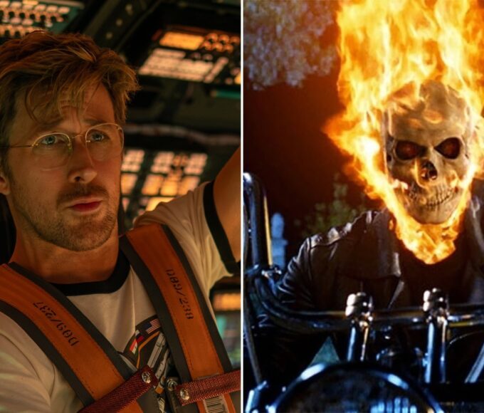 Ryan Gosling em cena de 'Devoradores de estrelas' e cena de 'Motoqueiro Fantasma' — Foto: Divulgação