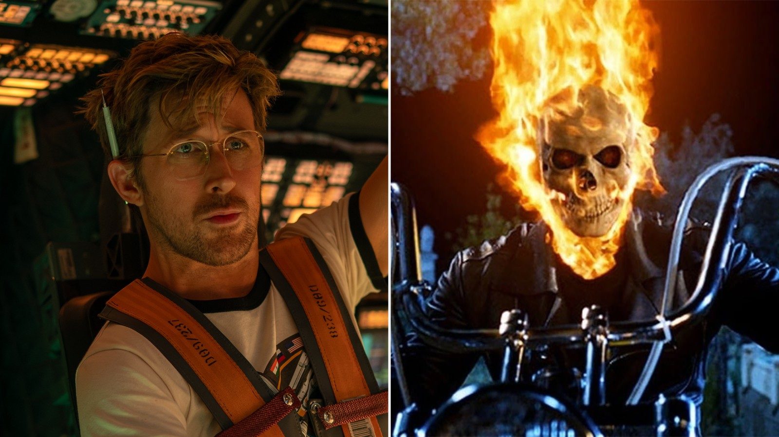 Ryan Gosling em cena de 'Devoradores de estrelas' e cena de 'Motoqueiro Fantasma' — Foto: Divulgação