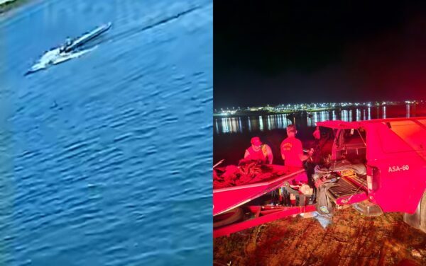 Bombeiros buscam pai e filho de 4 anos que caíram na água após barco perder o controle, em Buriti Alegre, em Goiás — Foto: Divulgação/CBMGO