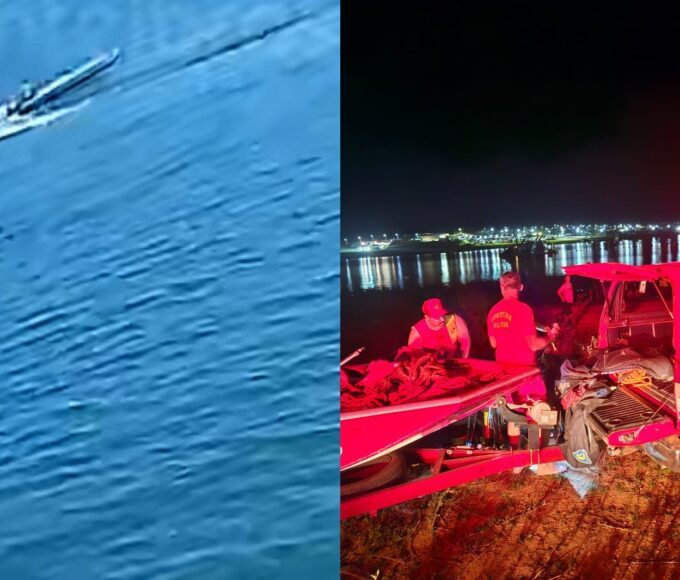 Bombeiros buscam pai e filho de 4 anos que caíram na água após barco perder o controle, em Buriti Alegre, em Goiás — Foto: Divulgação/CBMGO